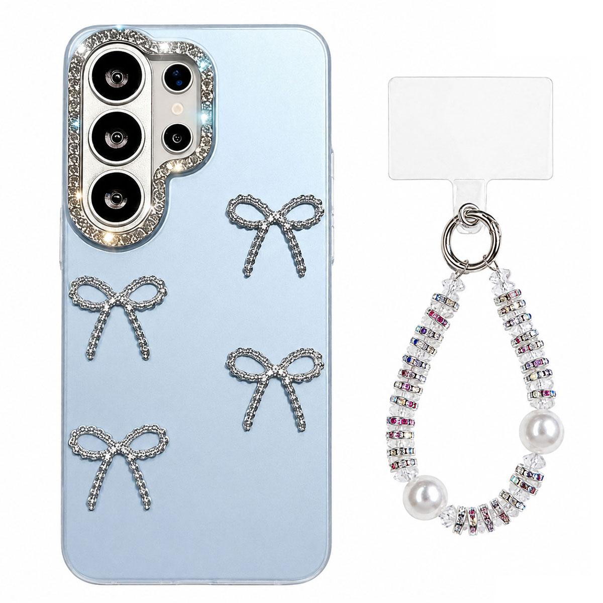 For Galaxy S24 Ultra 5G Electroplated Bowknot Dopamine Color Skin-Friendly IMD Phone Case with Beaded Wrist Strap - Blue - EDA009774410F
