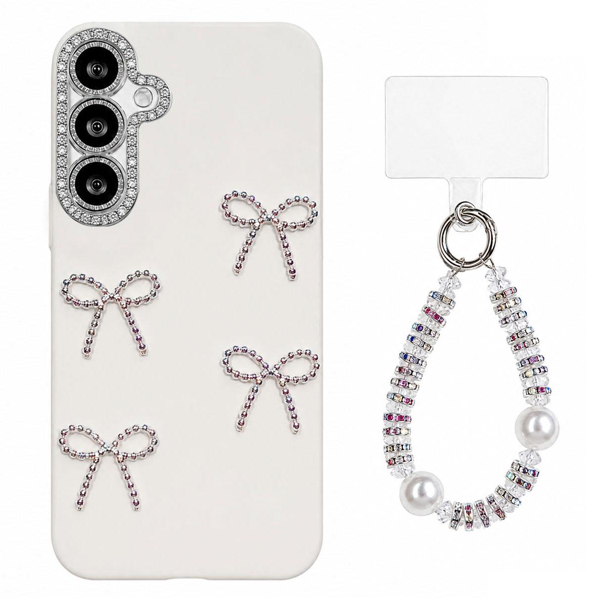 For Galaxy A27 5G Electroplated Bowknot Dopamine Color Skin-Friendly IMD Phone Case with Beaded Wrist Strap - White - EDA009774503B