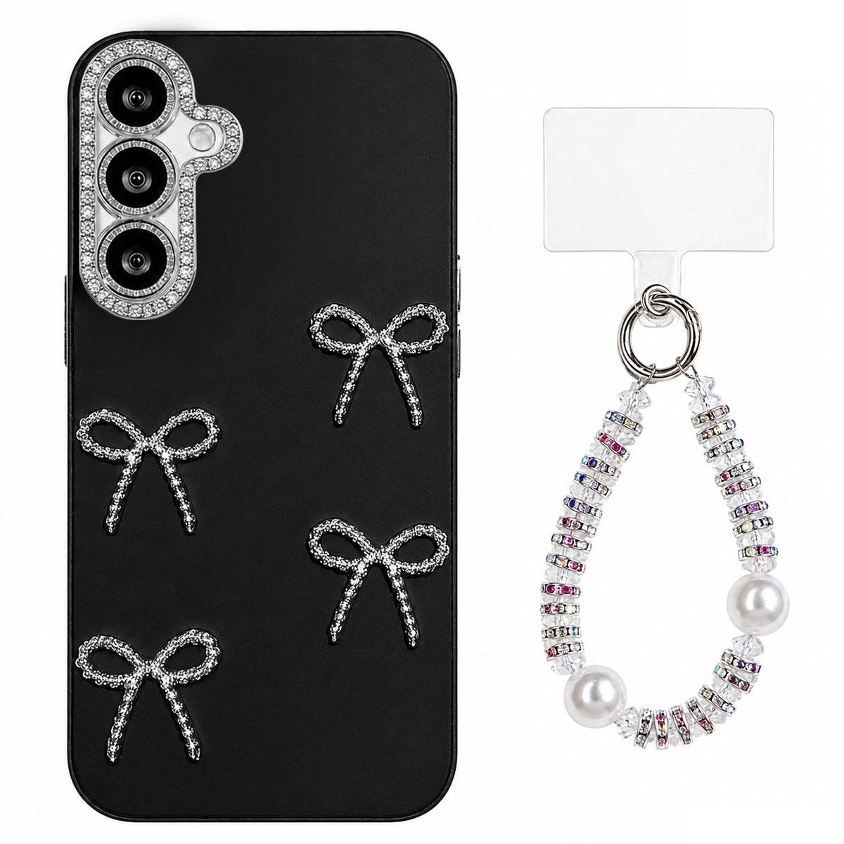 For Galaxy A36 5G Electroplated Bowknot Dopamine Color Skin-Friendly IMD Phone Case with Beaded Wrist Strap - Black - EDA009774507A