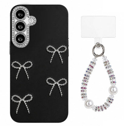 For Galaxy A36 5G Electroplated Bowknot Dopamine Color Skin-Friendly IMD Phone Case with Beaded Wrist Strap - Black - EDA009774507A