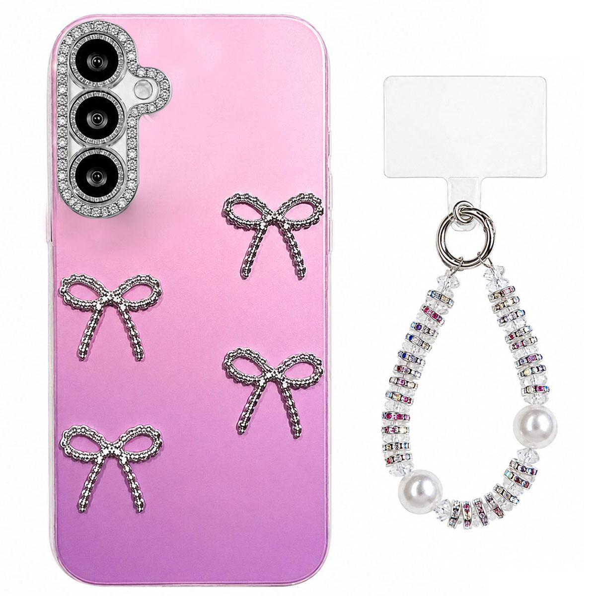 For Galaxy A36 5G Electroplated Bowknot Dopamine Color Skin-Friendly IMD Phone Case with Beaded Wrist Strap - Purple - EDA009774507D