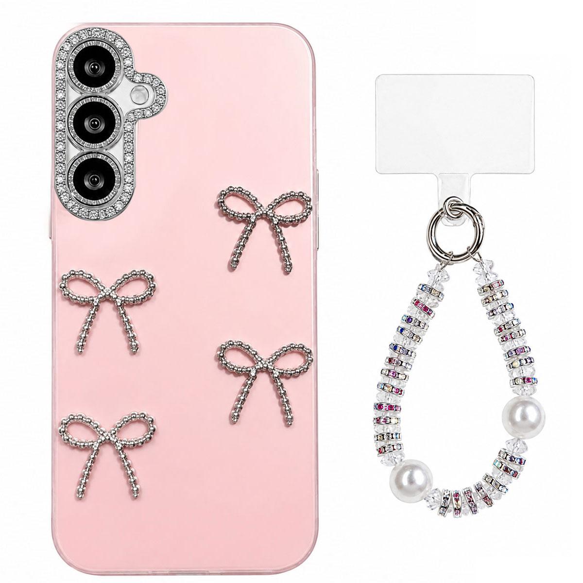 For Galaxy A35 5G Electroplated Bowknot Dopamine Color Skin-Friendly IMD Phone Case with Beaded Wrist Strap - Pink - EDA009774511C