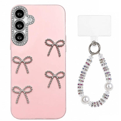 For Galaxy A35 5G Electroplated Bowknot Dopamine Color Skin-Friendly IMD Phone Case with Beaded Wrist Strap - Pink - EDA009774511C