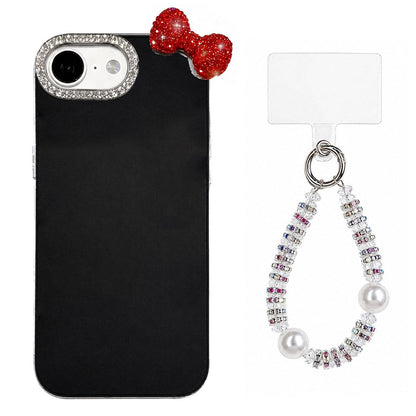 For iPhone 17e / 16e Cute Bowknot Dopamine Color Skin-Friendly IMD Phone Case with Beaded Wrist Strap - Black - EDA009774801A