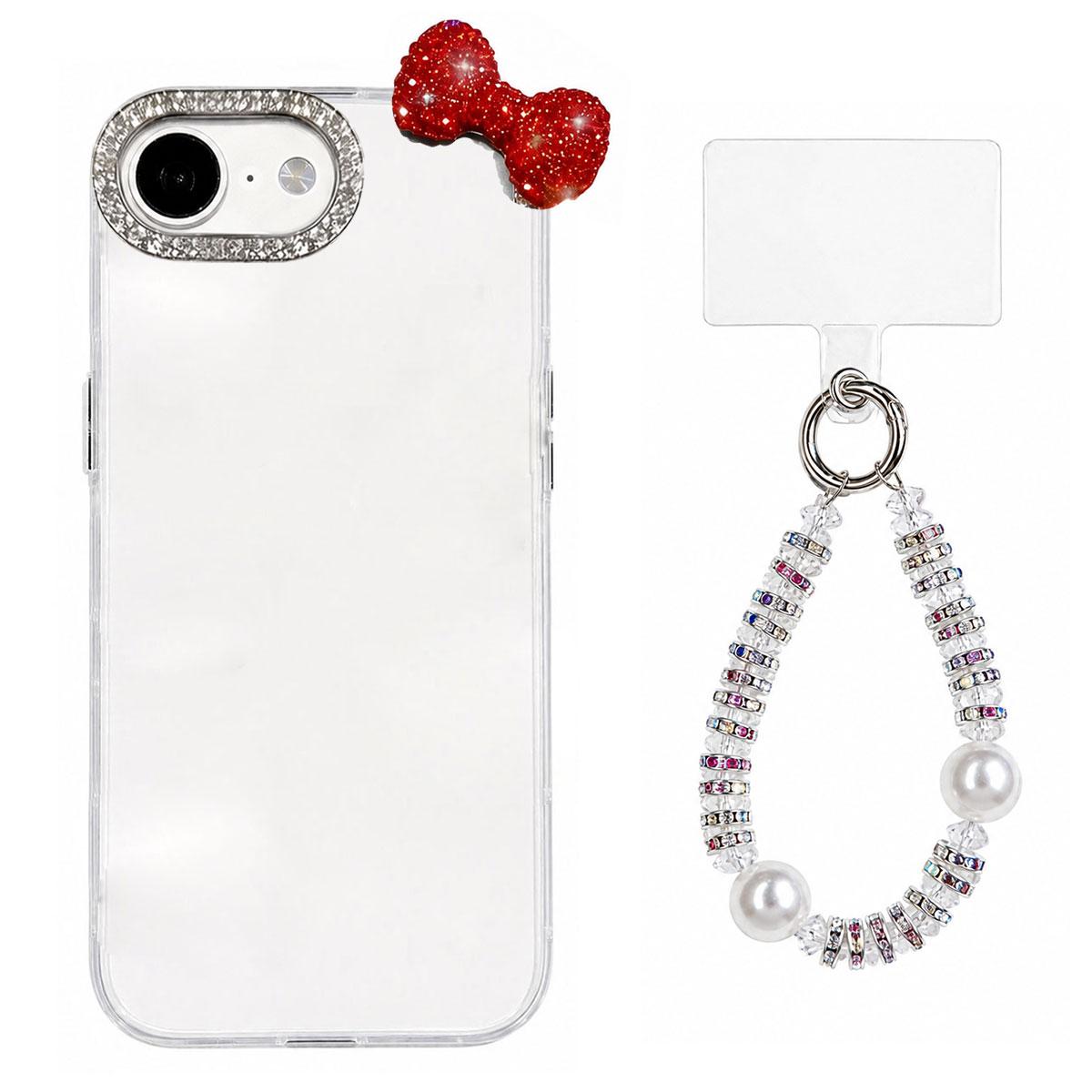 For iPhone 17e / 16e Cute Bowknot Dopamine Color Skin-Friendly IMD Phone Case with Beaded Wrist Strap - White - EDA009774801B