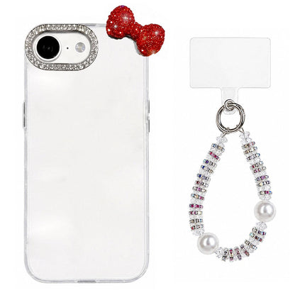 For iPhone 17e / 16e Cute Bowknot Dopamine Color Skin-Friendly IMD Phone Case with Beaded Wrist Strap - White - EDA009774801B