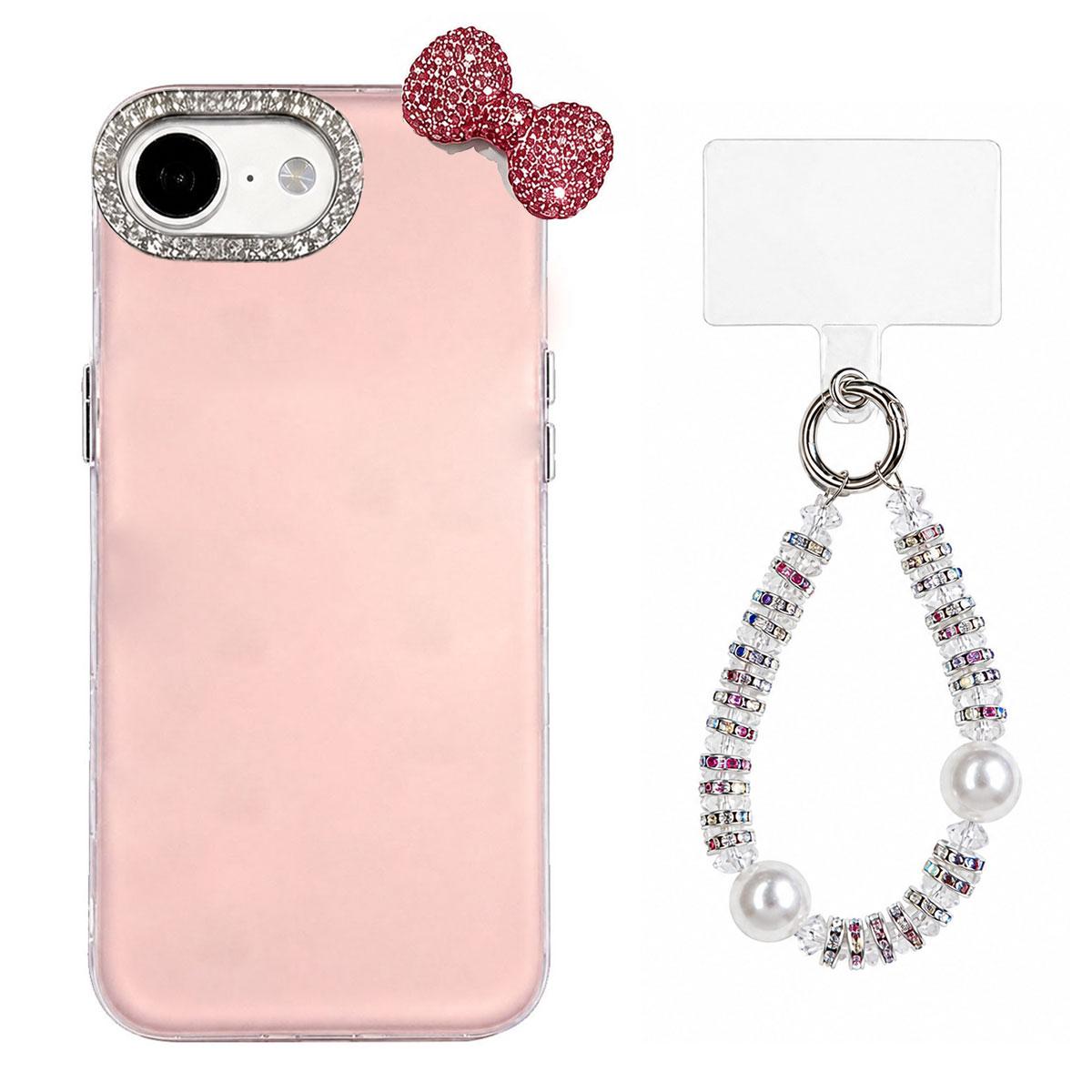 For iPhone 17e / 16e Cute Bowknot Dopamine Color Skin-Friendly IMD Phone Case with Beaded Wrist Strap - Pink - EDA009774801C