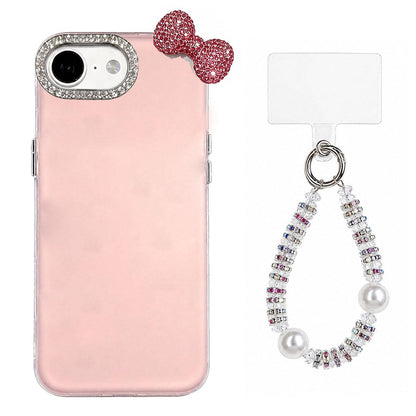 For iPhone 17e / 16e Cute Bowknot Dopamine Color Skin-Friendly IMD Phone Case with Beaded Wrist Strap - Pink - EDA009774801C