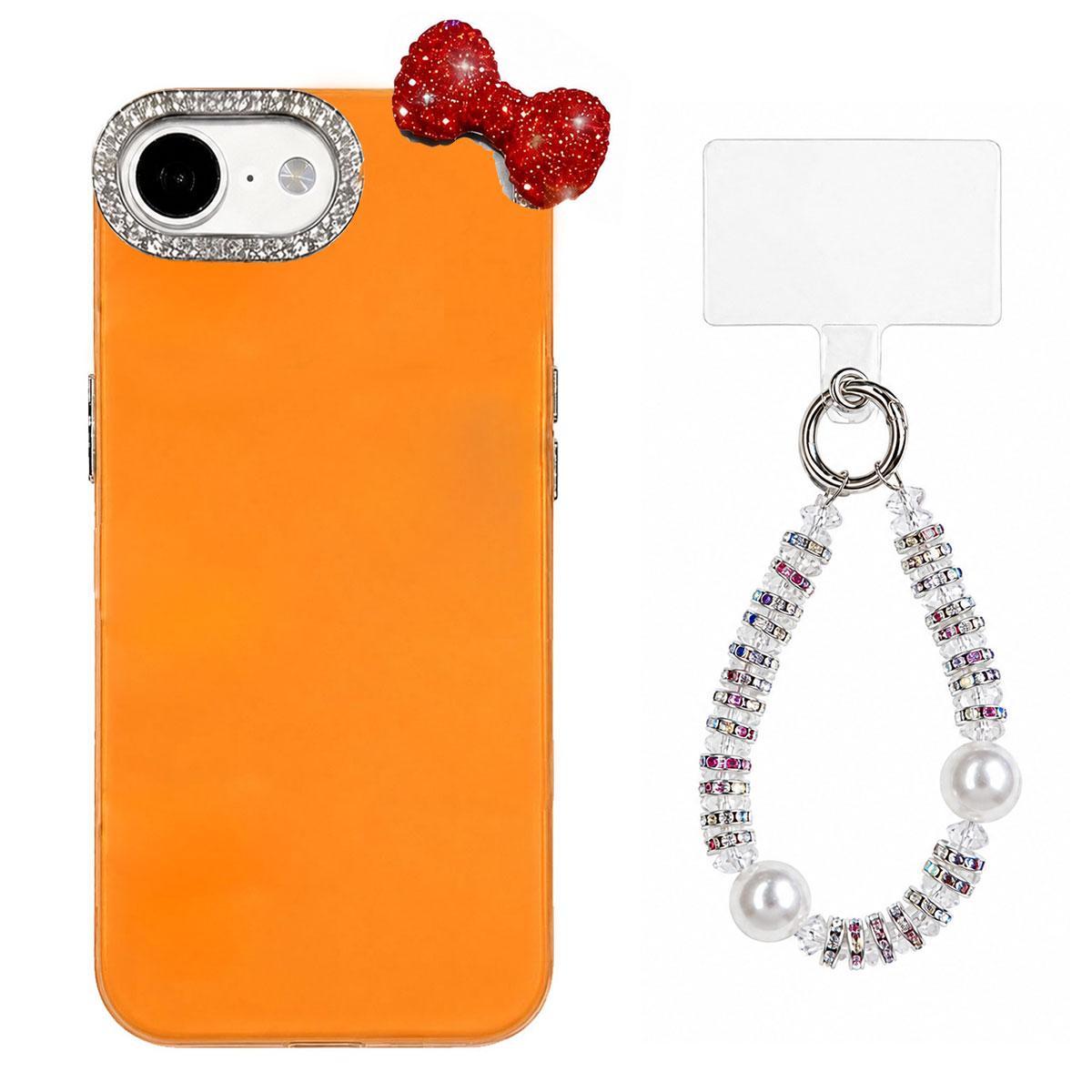For iPhone 17e / 16e Cute Bowknot Dopamine Color Skin-Friendly IMD Phone Case with Beaded Wrist Strap - Orange - EDA009774801E