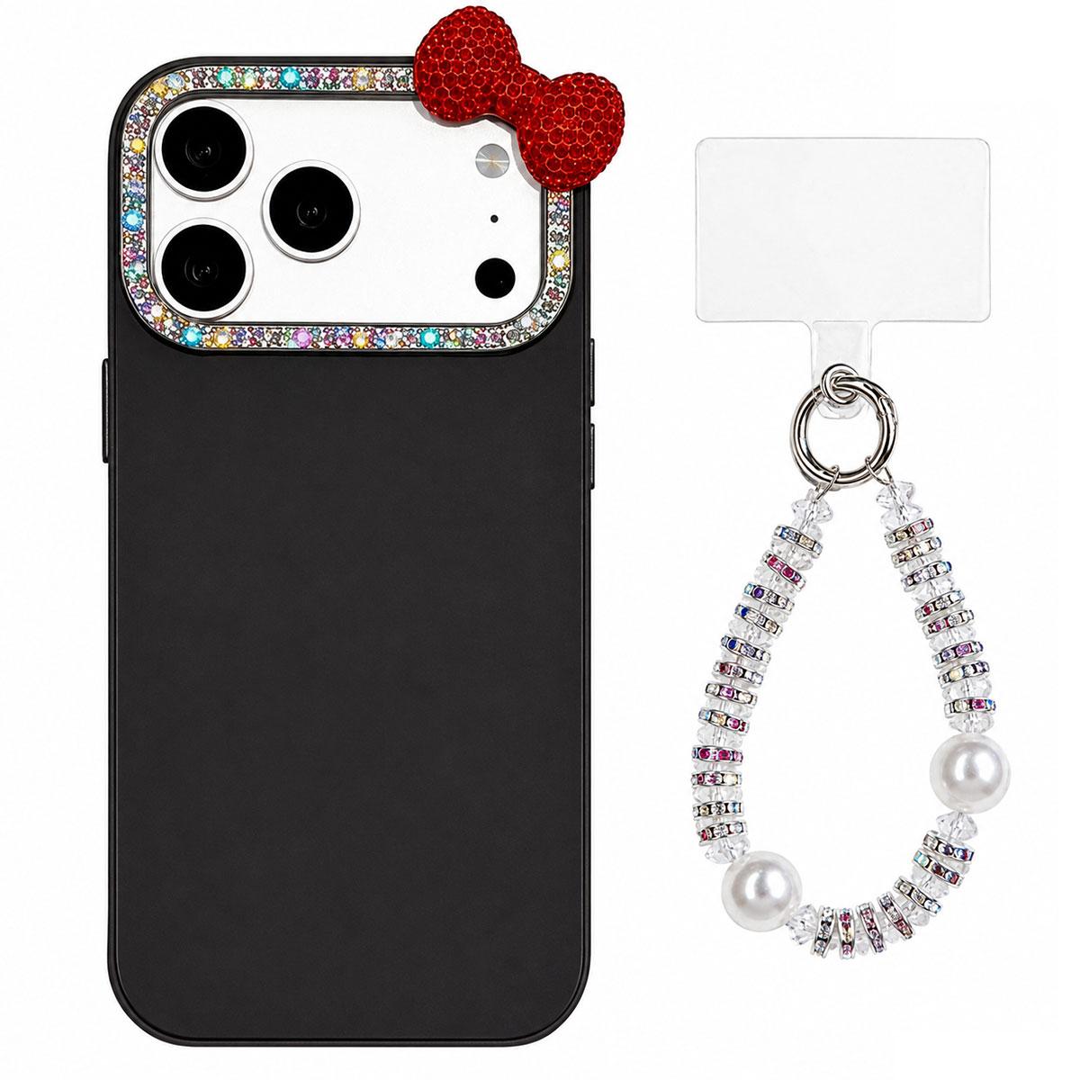 For iPhone 17 Pro Max Cute Bowknot Dopamine Color Skin-Friendly IMD Phone Case with Beaded Wrist Strap - Black - EDA009774802A