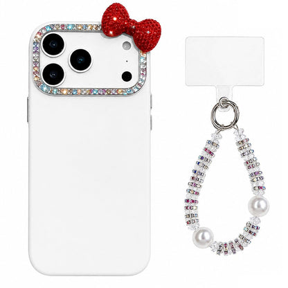 For iPhone 17 Pro Max Cute Bowknot Dopamine Color Skin-Friendly IMD Phone Case with Beaded Wrist Strap - White - EDA009774802B