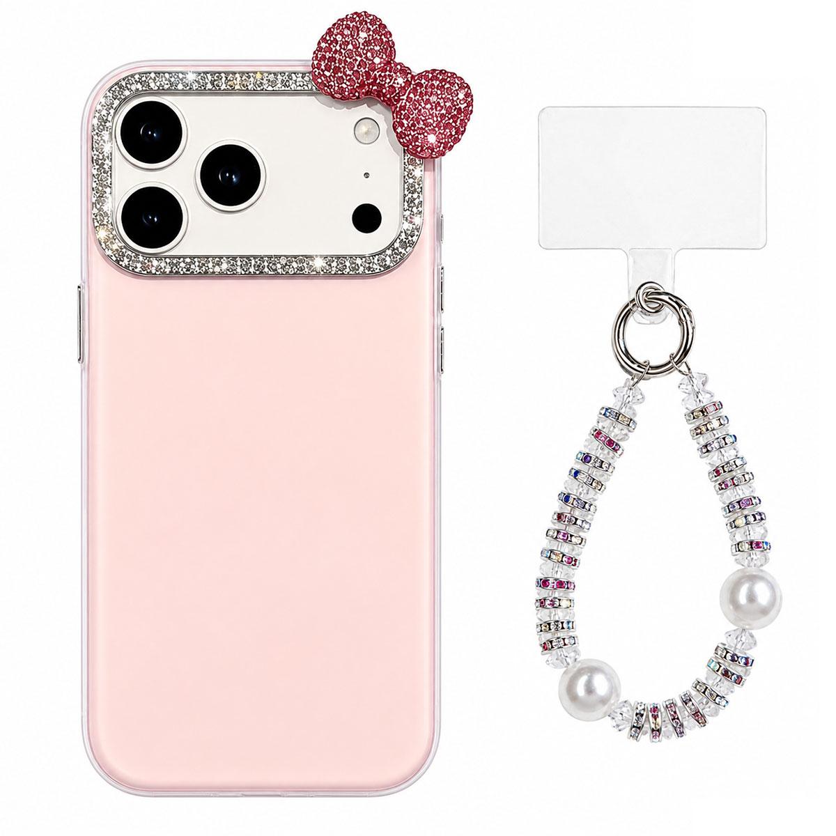 For iPhone 17 Pro Max Cute Bowknot Dopamine Color Skin-Friendly IMD Phone Case with Beaded Wrist Strap - Pink - EDA009774802C