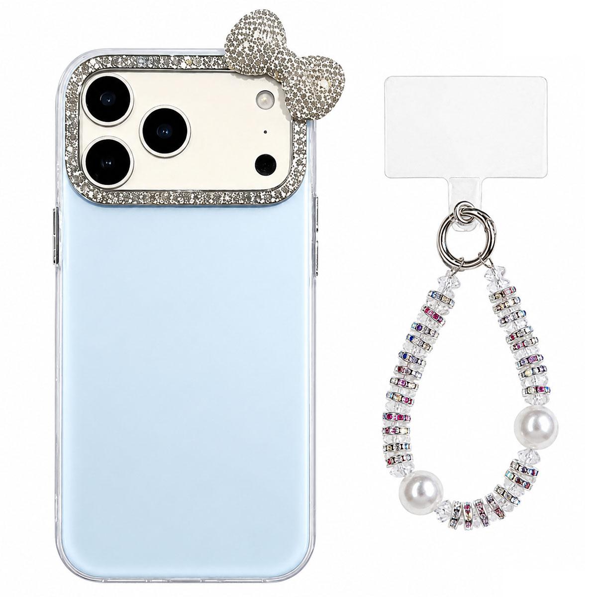 For iPhone 17 Pro Max Cute Bowknot Dopamine Color Skin-Friendly IMD Phone Case with Beaded Wrist Strap - Blue - EDA009774802F
