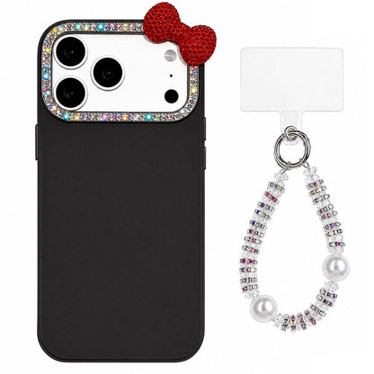 For iPhone 17 Pro Cute Bowknot Dopamine Color Skin-Friendly IMD Phone Case with Beaded Wrist Strap - Black - EDA009774803A