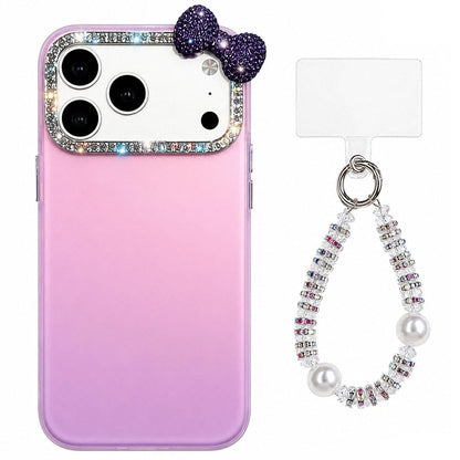 For iPhone 17 Pro Cute Bowknot Dopamine Color Skin-Friendly IMD Phone Case with Beaded Wrist Strap - Purple - EDA009774803D