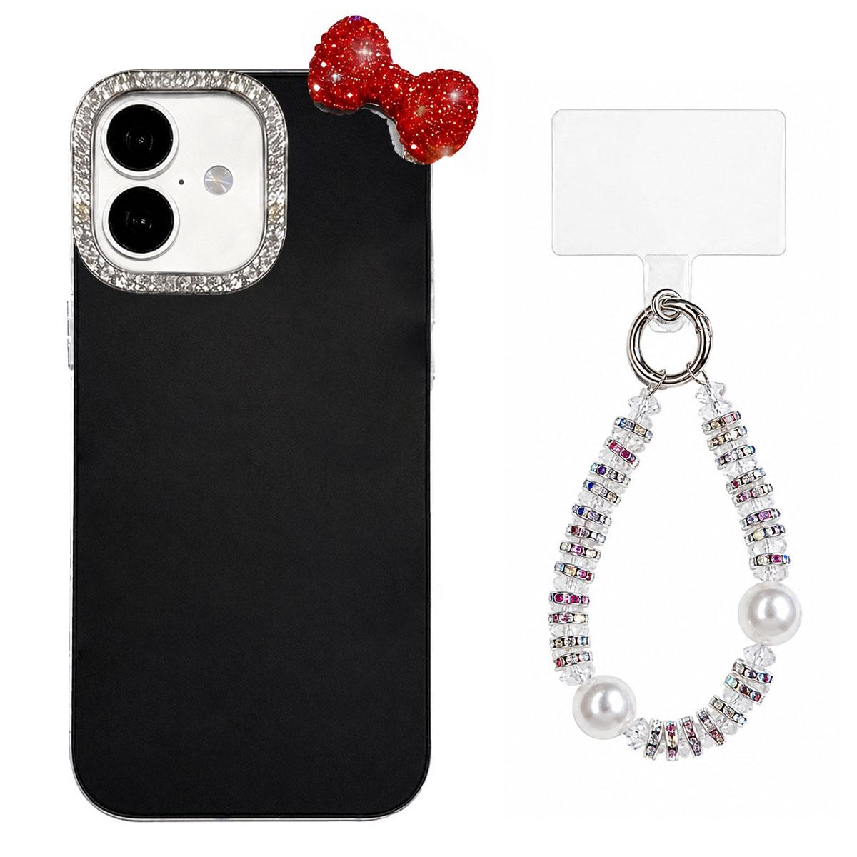 For iPhone 17 Cute Bowknot Dopamine Color Skin-Friendly IMD Phone Case with Beaded Wrist Strap - Black - EDA009774804A