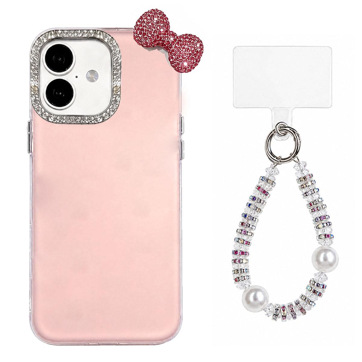 For iPhone 17 Cute Bowknot Dopamine Color Skin-Friendly IMD Phone Case with Beaded Wrist Strap - Pink - EDA009774804C