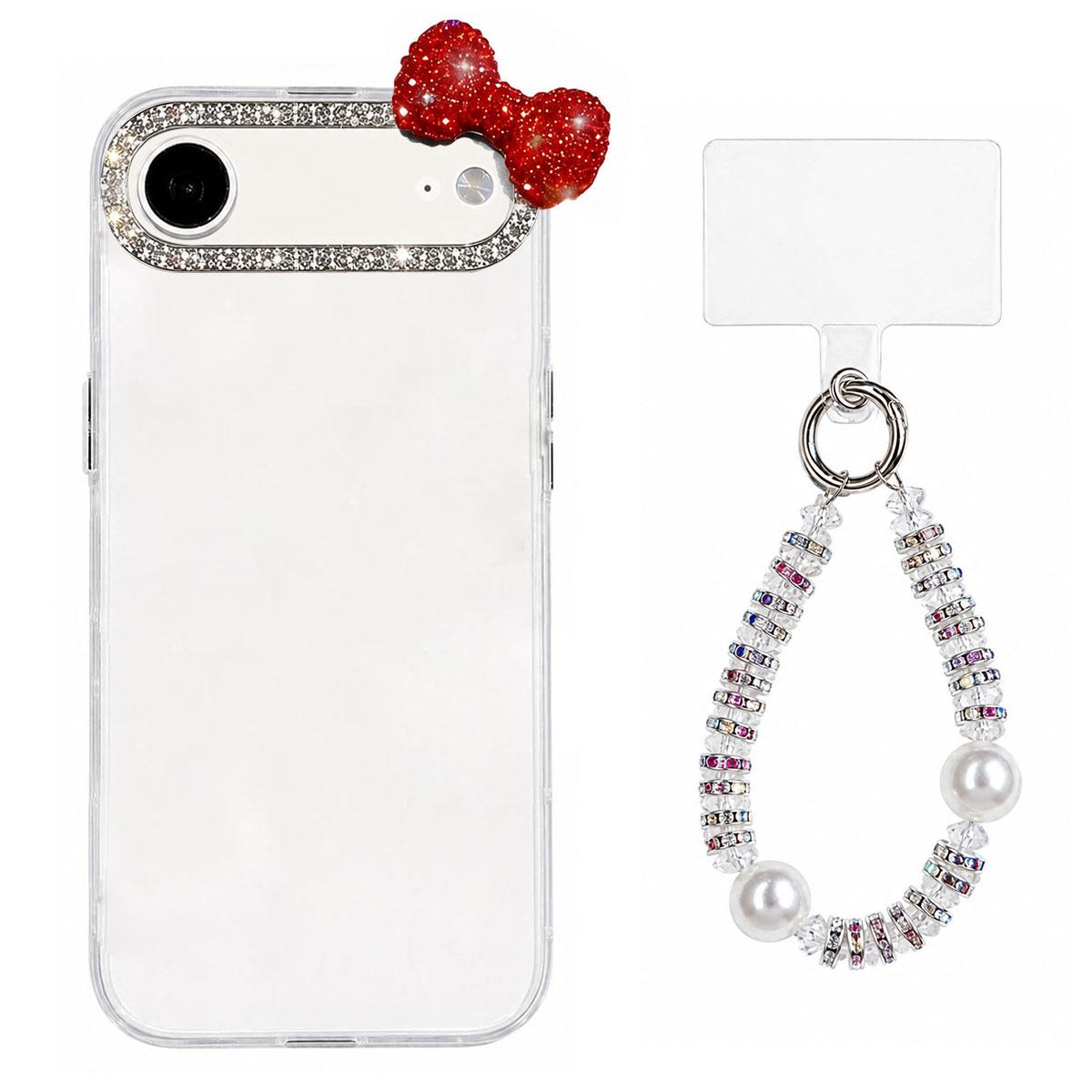 For iPhone Air Cute Bowknot Dopamine Color Skin-Friendly IMD Phone Case with Beaded Wrist Strap - White - EDA009774805B