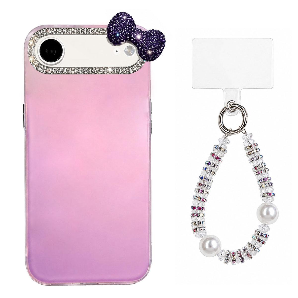 For iPhone Air Cute Bowknot Dopamine Color Skin-Friendly IMD Phone Case with Beaded Wrist Strap - Purple - EDA009774805D