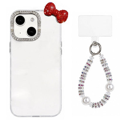 For iPhone 16 Pro Cute Bowknot Dopamine Color Skin-Friendly IMD Phone Case with Beaded Wrist Strap - White - EDA009774807B