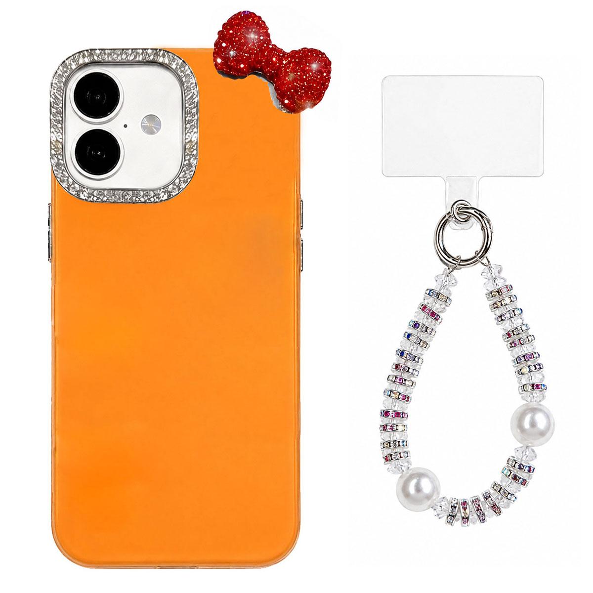 For iPhone 16 Plus Cute Bowknot Dopamine Color Skin-Friendly IMD Phone Case with Beaded Wrist Strap - Orange - EDA009774808E