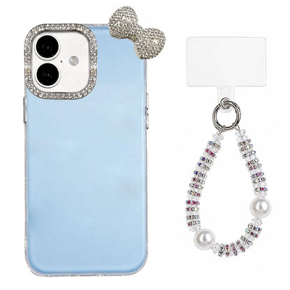 For iPhone 16 Plus Cute Bowknot Dopamine Color Skin-Friendly IMD Phone Case with Beaded Wrist Strap - Blue - EDA009774808F
