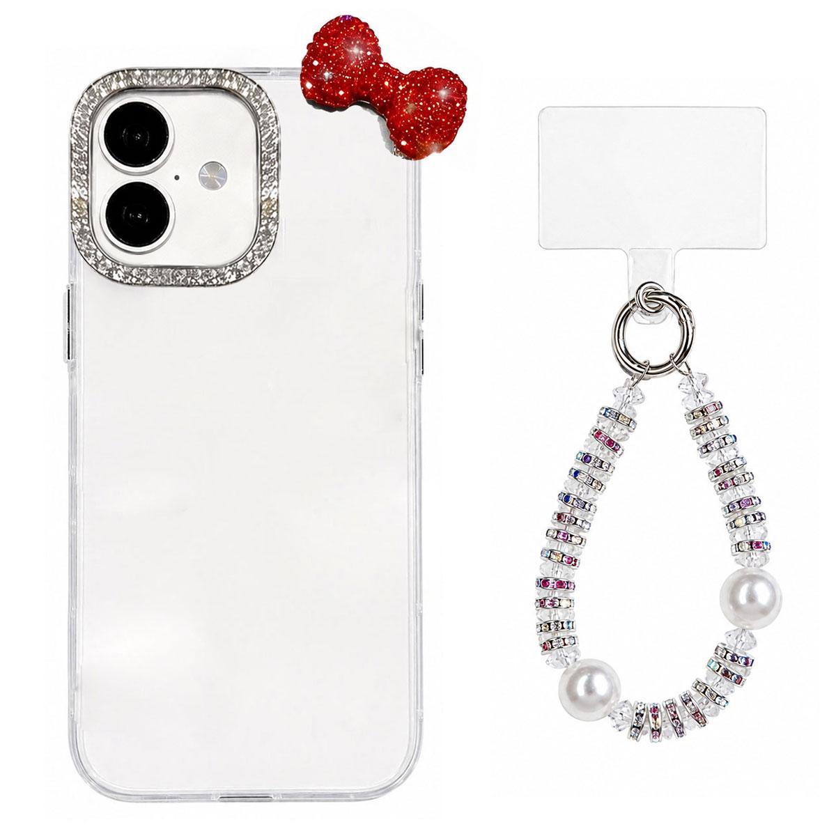 For iPhone 16 Cute Bowknot Dopamine Color Skin-Friendly IMD Phone Case with Beaded Wrist Strap - White - EDA009774809B