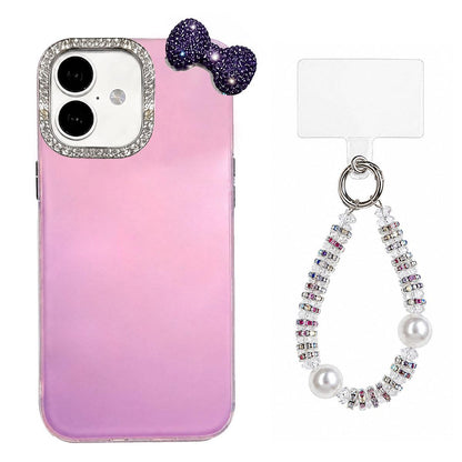For iPhone 16 Cute Bowknot Dopamine Color Skin-Friendly IMD Phone Case with Beaded Wrist Strap - Purple - EDA009774809D