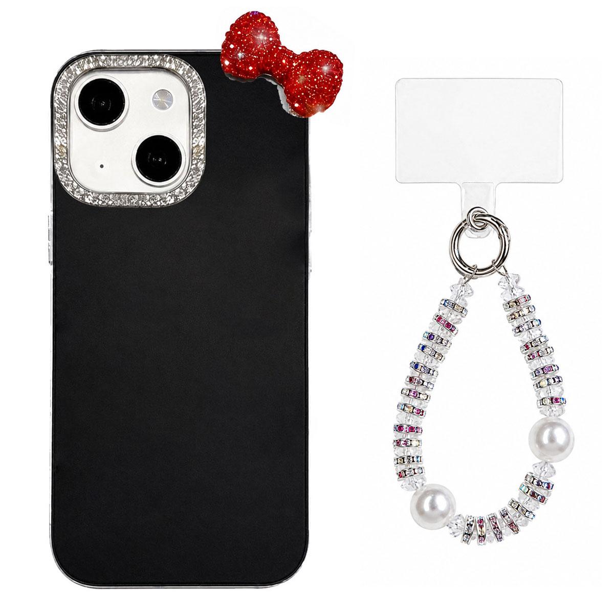 For iPhone 15 Pro Cute Bowknot Dopamine Color Skin-Friendly IMD Phone Case with Beaded Wrist Strap - Black - EDA009774811A