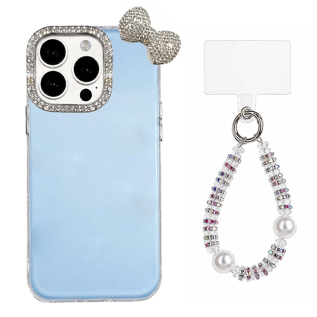 For iPhone 15 Pro Cute Bowknot Dopamine Color Skin-Friendly IMD Phone Case with Beaded Wrist Strap - Blue - EDA009774811F
