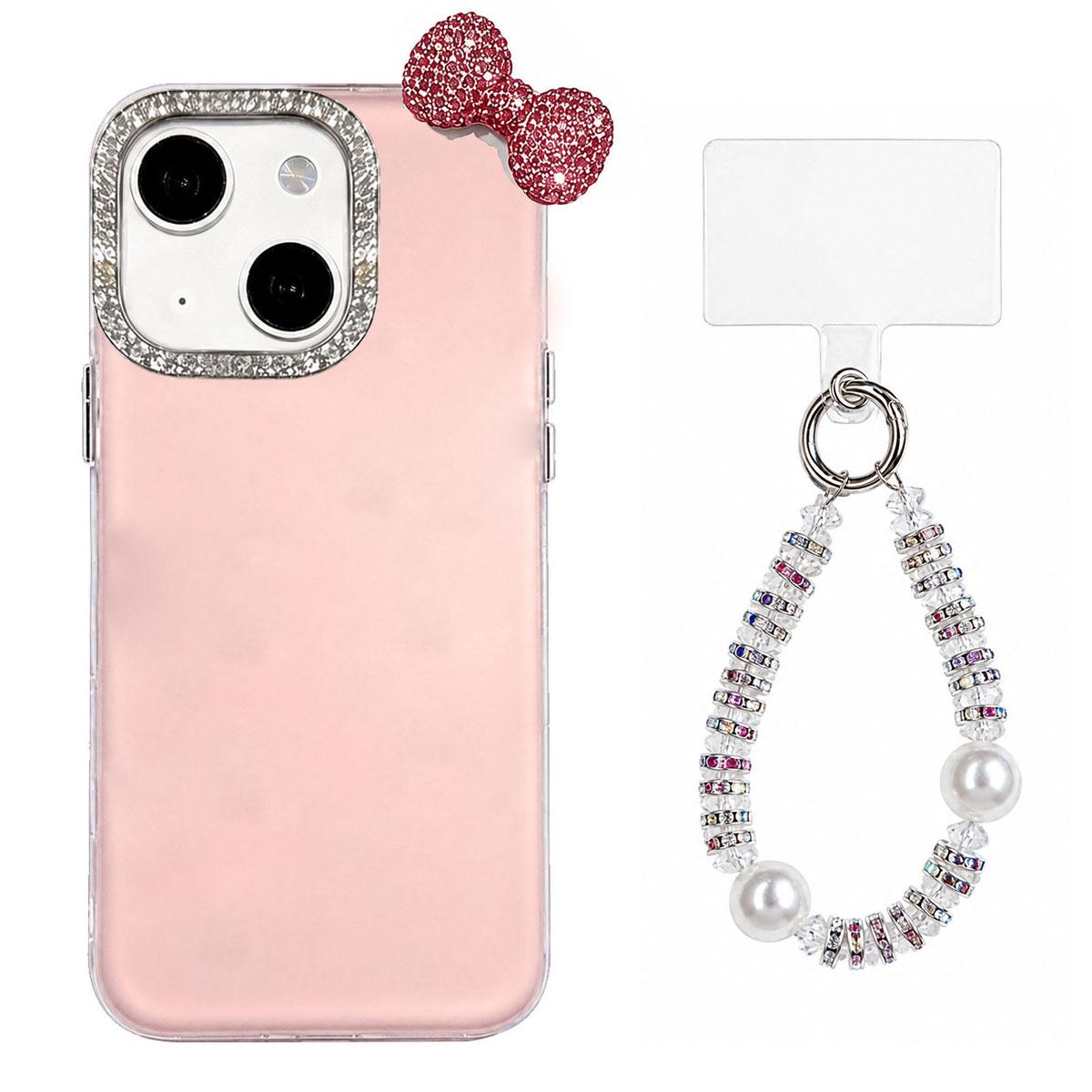 For iPhone 15 Cute Bowknot Dopamine Color Skin-Friendly IMD Phone Case with Beaded Wrist Strap - Pink - EDA009774812C