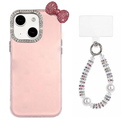 For iPhone 15 Cute Bowknot Dopamine Color Skin-Friendly IMD Phone Case with Beaded Wrist Strap - Pink - EDA009774812C