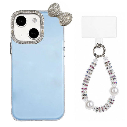 For iPhone 14 Cute Bowknot Dopamine Color Skin-Friendly IMD Phone Case with Beaded Wrist Strap - Blue - EDA009774813F