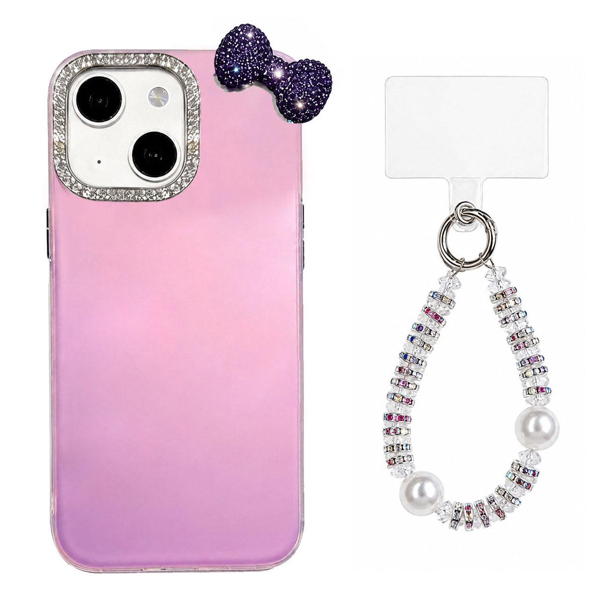 For iPhone 14 Pro Cute Bowknot Dopamine Color Skin-Friendly IMD Phone Case with Beaded Wrist Strap - Purple - EDA009774814D