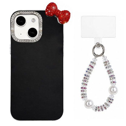 For iPhone 14 Pro Max Cute Bowknot Dopamine Color Skin-Friendly IMD Phone Case with Beaded Wrist Strap - Black - EDA009774815A