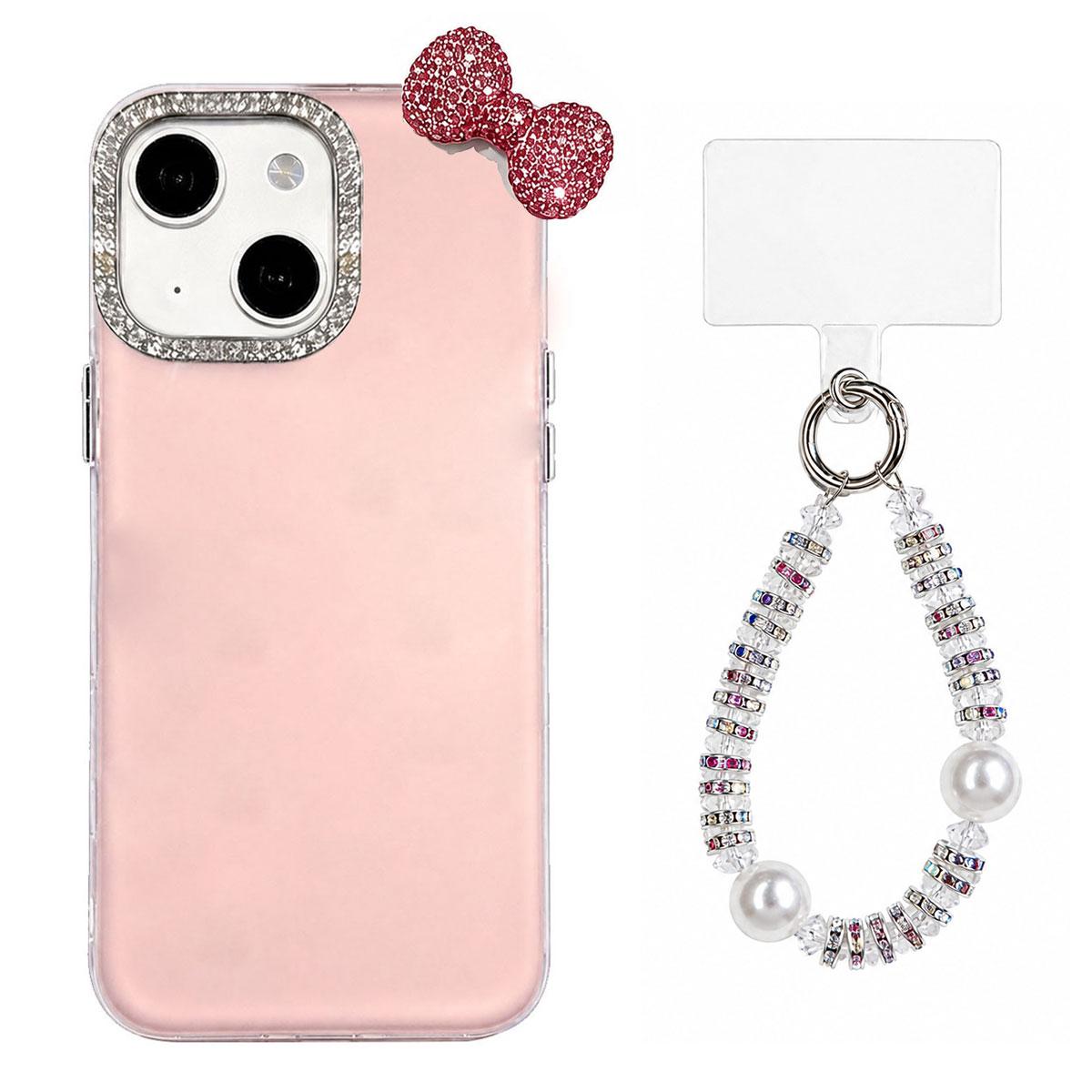 For iPhone 14 Pro Max Cute Bowknot Dopamine Color Skin-Friendly IMD Phone Case with Beaded Wrist Strap - Pink - EDA009774815C