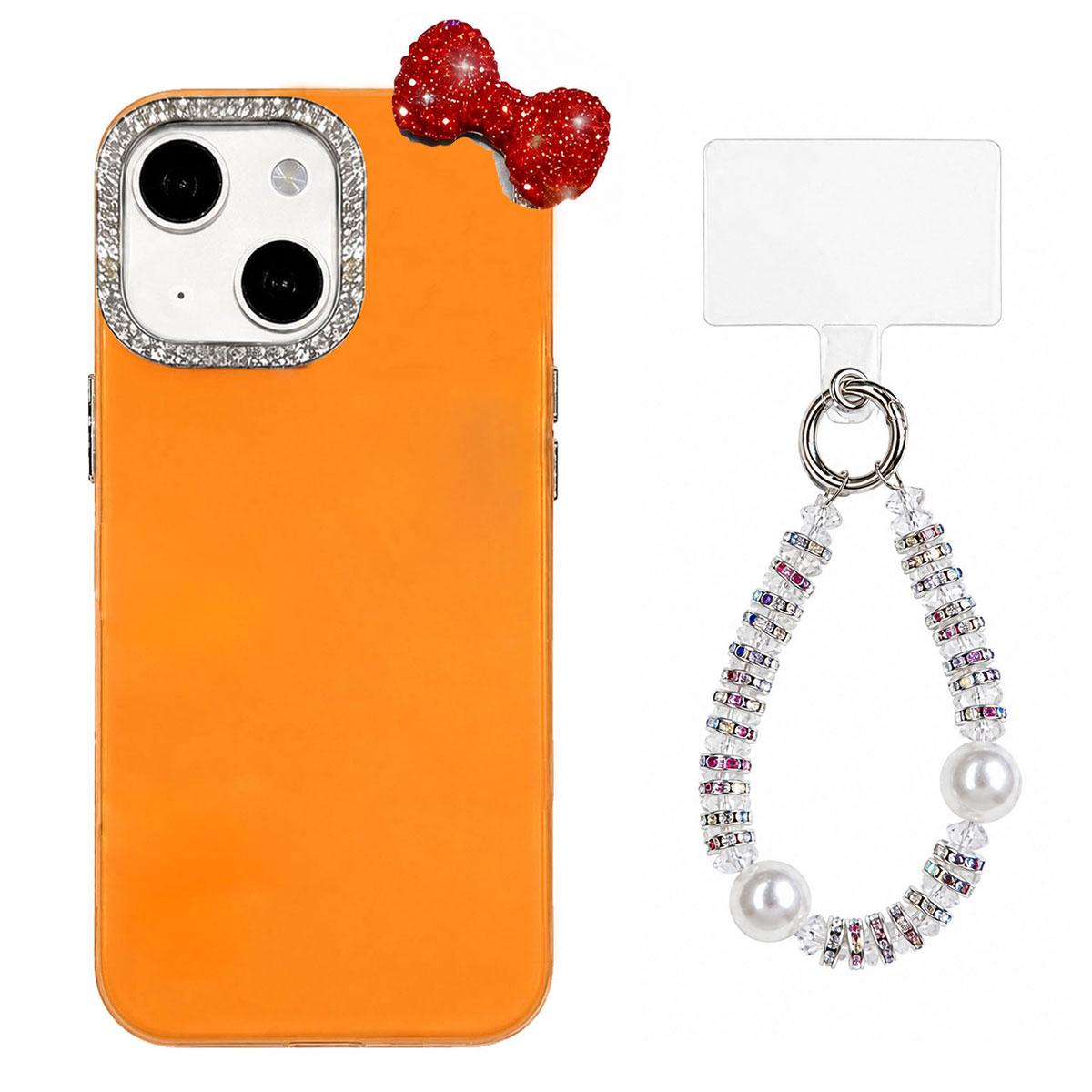 For iPhone 14 Pro Max Cute Bowknot Dopamine Color Skin-Friendly IMD Phone Case with Beaded Wrist Strap - Orange - EDA009774815E