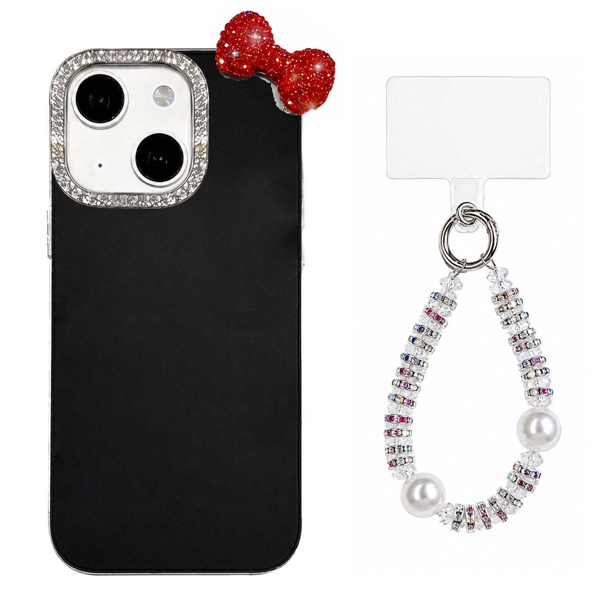 For iPhone 13 Cute Bowknot Dopamine Color Skin-Friendly IMD Phone Case with Beaded Wrist Strap - Black - EDA009774818A