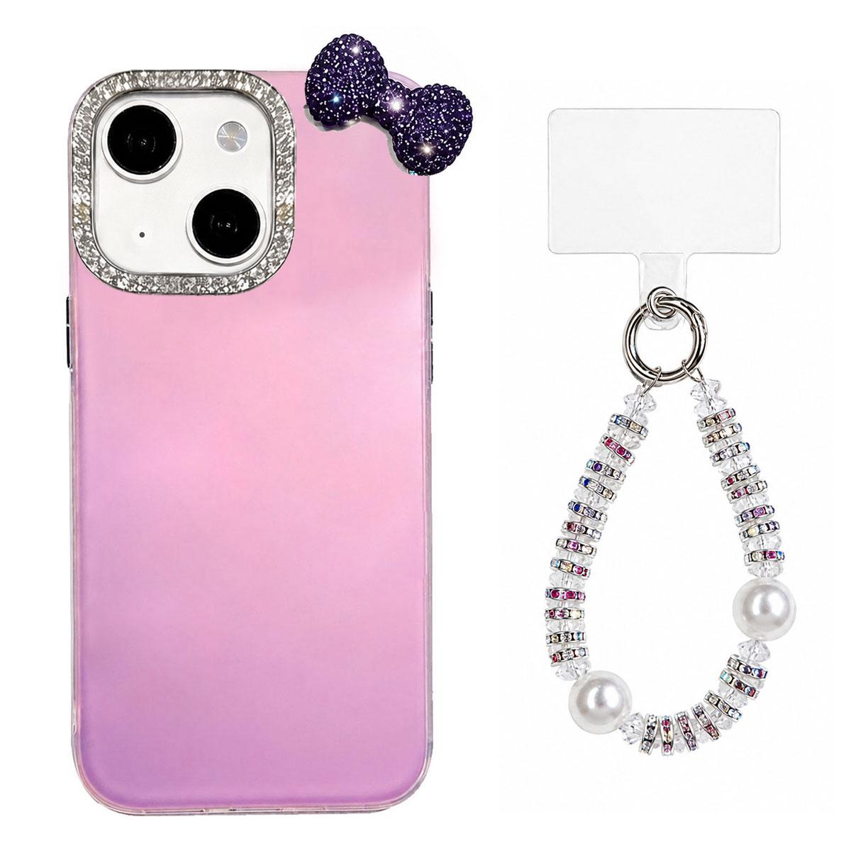 For iPhone 13 Cute Bowknot Dopamine Color Skin-Friendly IMD Phone Case with Beaded Wrist Strap - Purple - EDA009774818D
