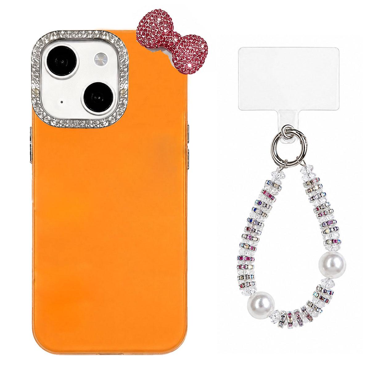 For iPhone 13 Cute Bowknot Dopamine Color Skin-Friendly IMD Phone Case with Beaded Wrist Strap - Orange - EDA009774818E