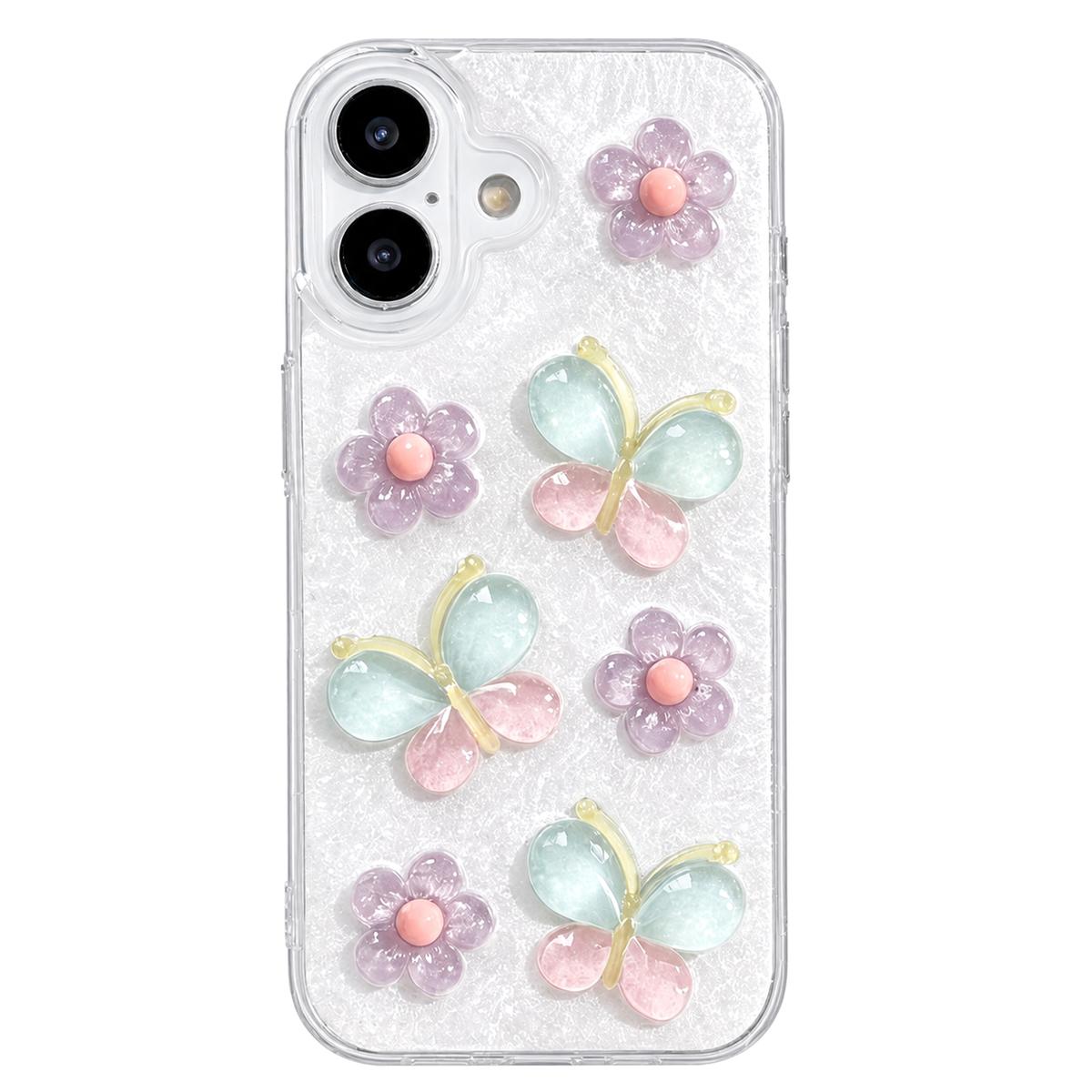 For iPhone 16 Plus Glazed Flowers Butterflies Epoxy Resin PC Phone Case - White - EDA009774907A