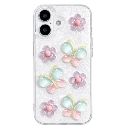 For iPhone 16 Plus Glazed Flowers Butterflies Epoxy Resin PC Phone Case - White - EDA009774907A