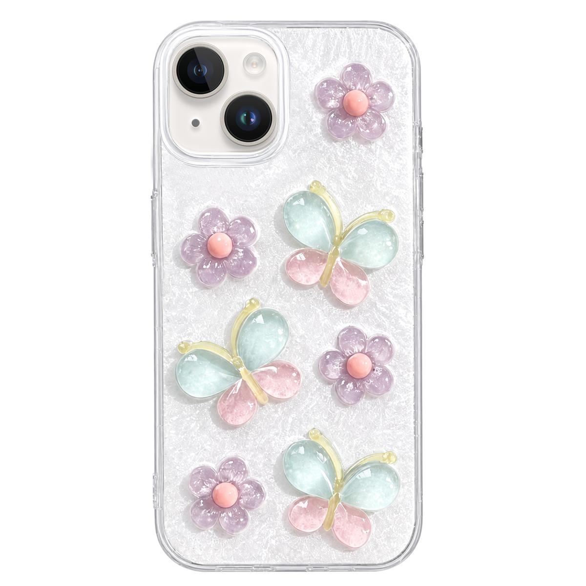 For iPhone 15 Plus Glazed Flowers Butterflies Epoxy Resin PC Phone Case - White - EDA009774911A