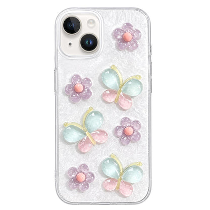 For iPhone 15 Plus Glazed Flowers Butterflies Epoxy Resin PC Phone Case - White - EDA009774911A