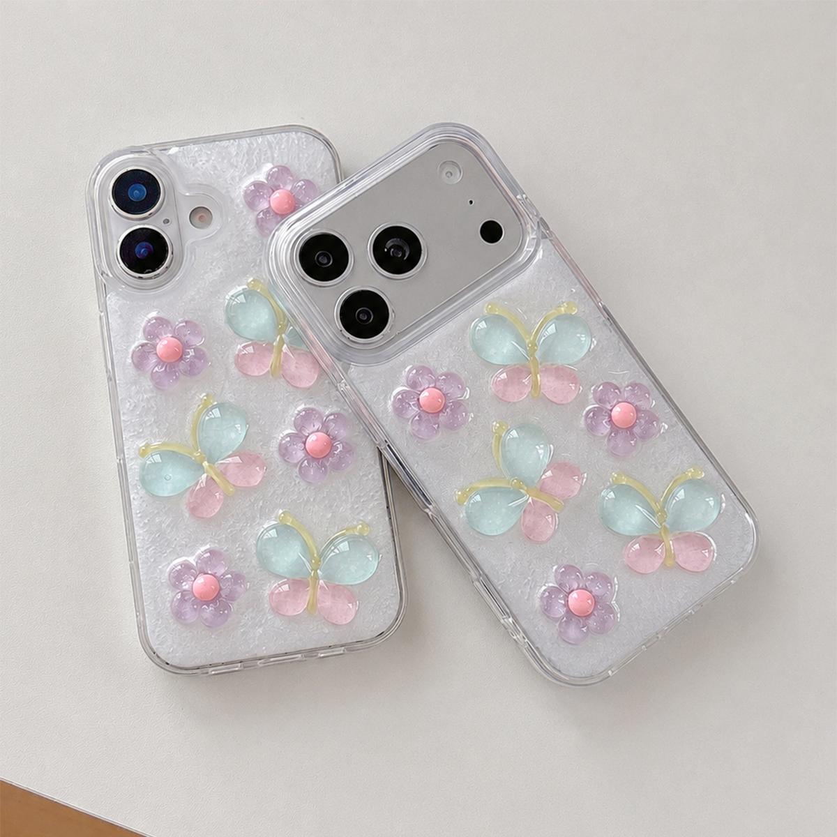 For iPhone 14 Plus Glazed Flowers Butterflies Epoxy Resin PC Phone Case - White - EDA009774915A