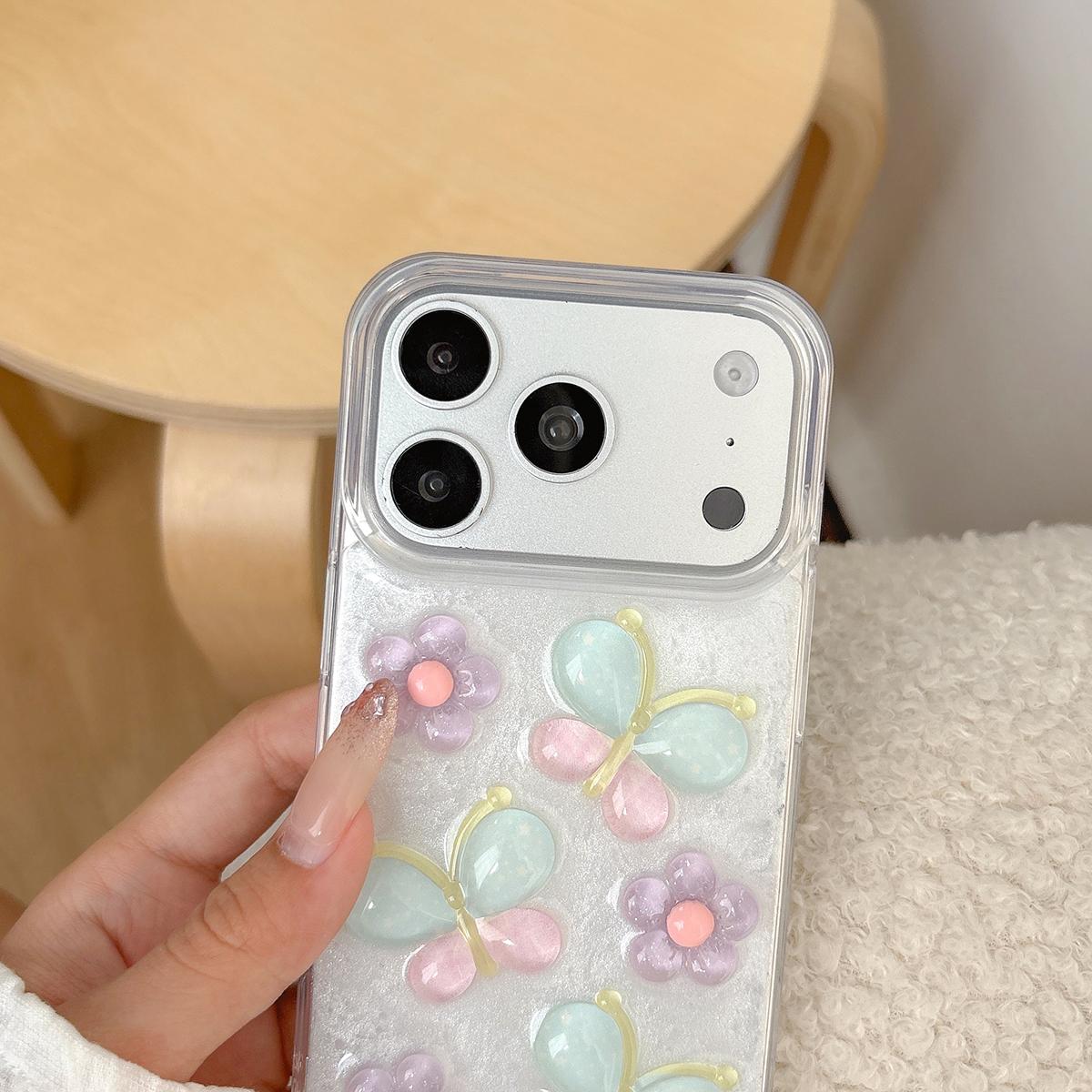 For iPhone 16 Plus Glazed Flowers Butterflies Epoxy Resin PC Phone Case - White - EDA009774907A