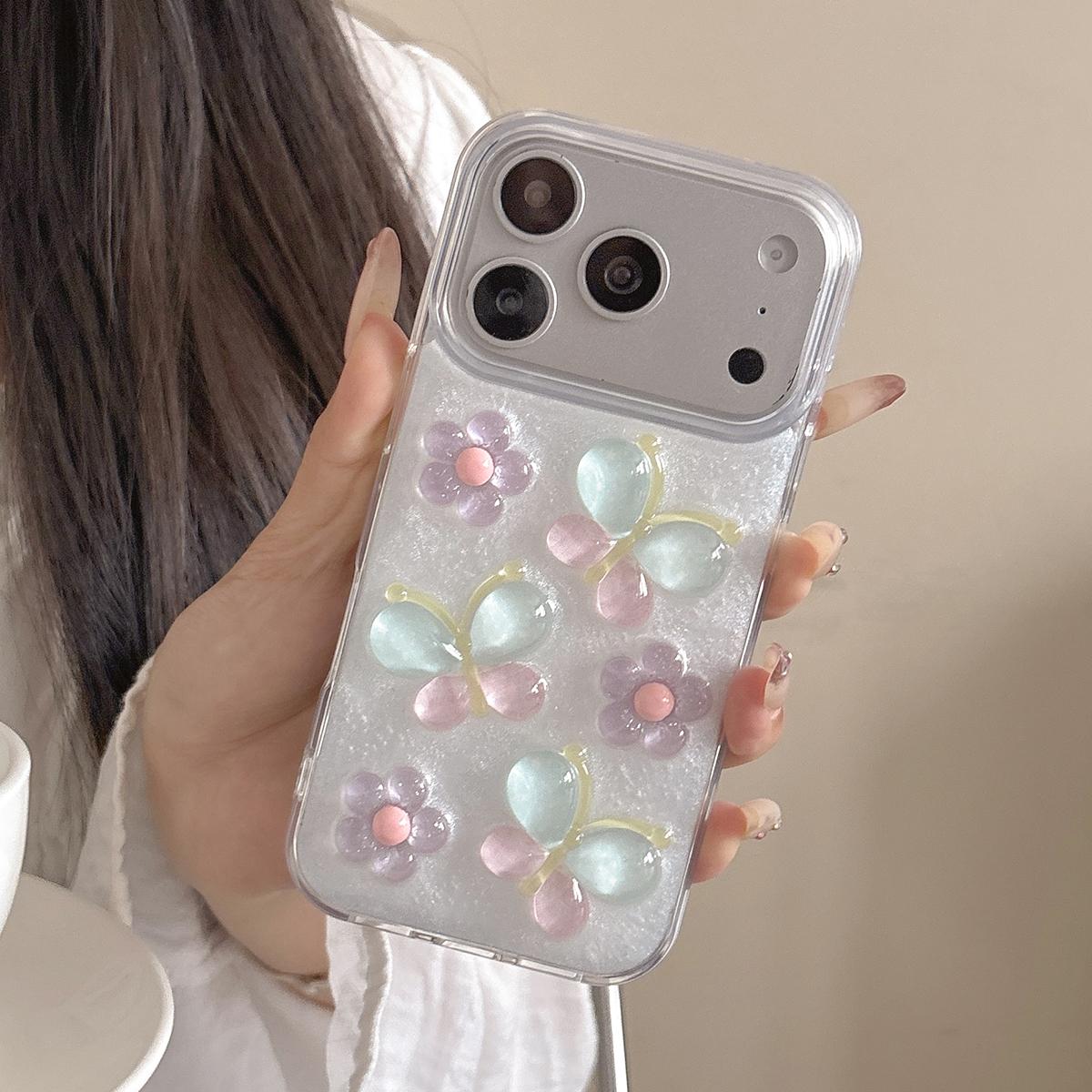For iPhone 16 Plus Glazed Flowers Butterflies Epoxy Resin PC Phone Case - White - EDA009774907A