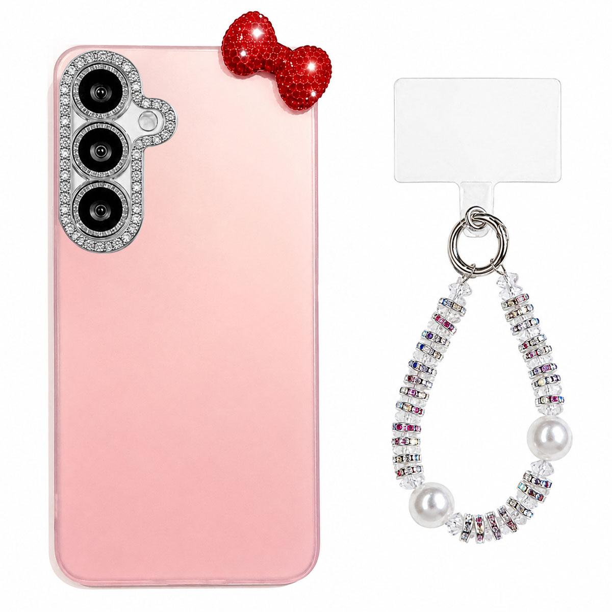 For Galaxy S26 FE 5G Cute Bowknot Dopamine Color Skin-Friendly IMD Phone Case with Beaded Wrist Strap - Pink - EDA009775101C