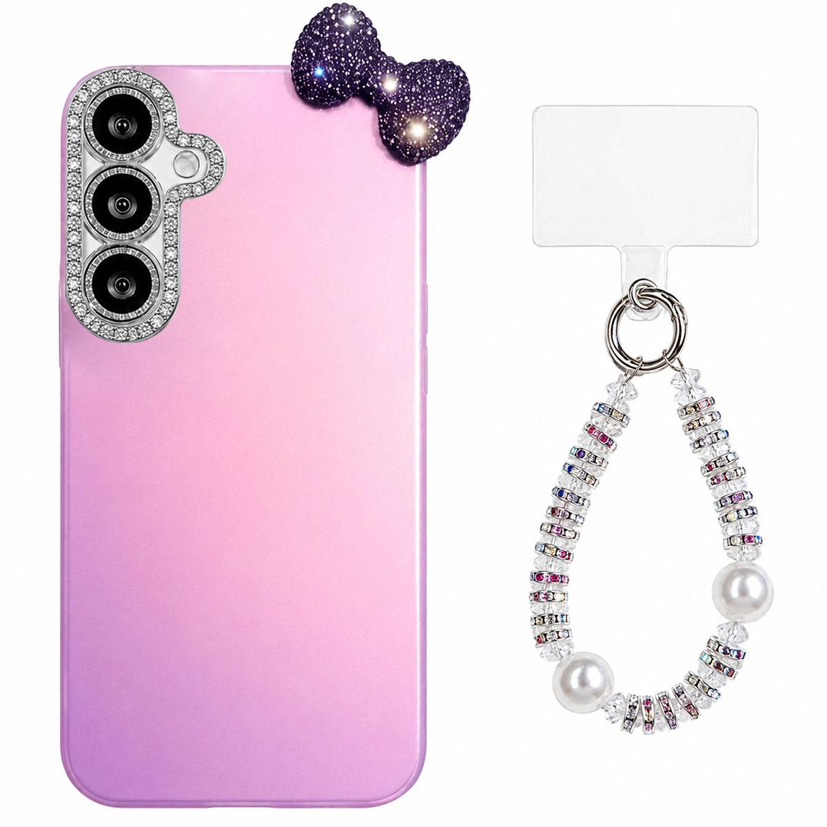 For Galaxy A57 5G Cute Bowknot Dopamine Color Skin-Friendly IMD Phone Case with Beaded Wrist Strap - Purple - EDA009775201D