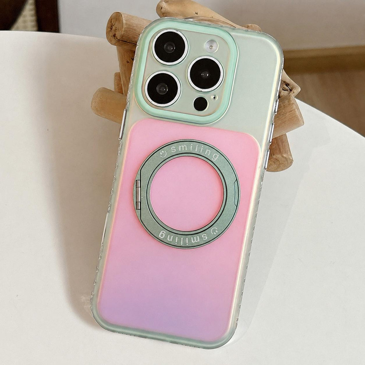 For iPhone 15 Pro Max Laser 360 Rotating Kickstand Phone Case - Green Pink - EDA009775307D